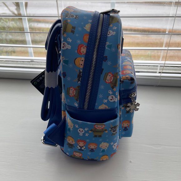 Loungefly Disney Frozen Elsa Anna Sven Olaf Print Chibi Mini Blue Backpack